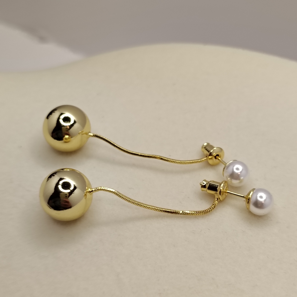New 14K Gold Plated Ball Drop Earrings with Pearl Studs - Women Jewelry